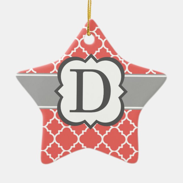 Coral White Monogram Letter D Quatrefoil Ceramic Tree Decoration (Front)