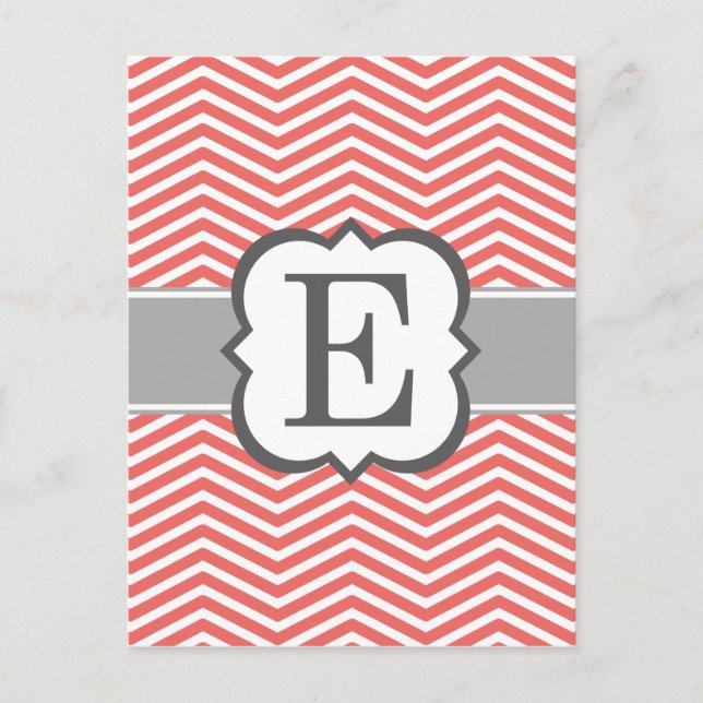 Coral White Monogram Letter E Chevron Postcard (Front)