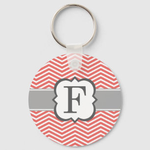 Coral White Monogram Letter F Chevron Key Ring