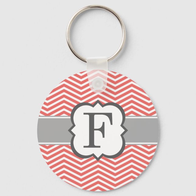 Coral White Monogram Letter F Chevron Key Ring (Front)