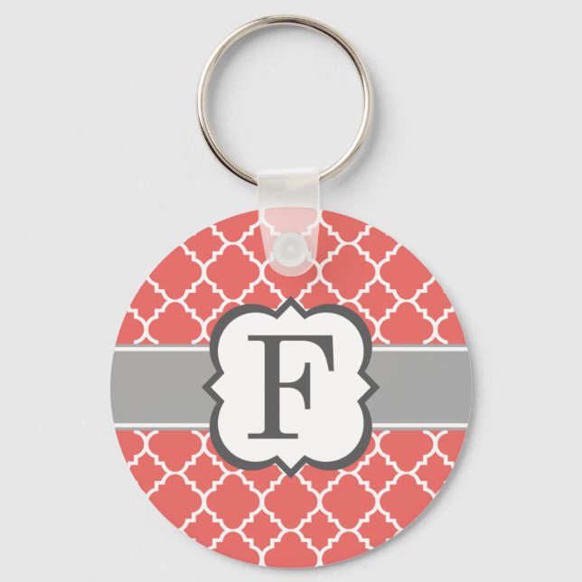 Coral White Monogram Letter F Quatrefoil Key Ring (Front)