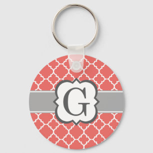Coral White Monogram Letter G Quatrefoil Key Ring