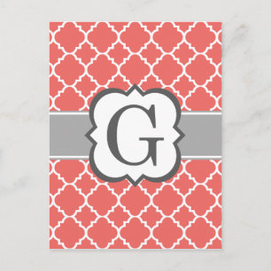 Coral White Monogram Letter G Quatrefoil Postcard