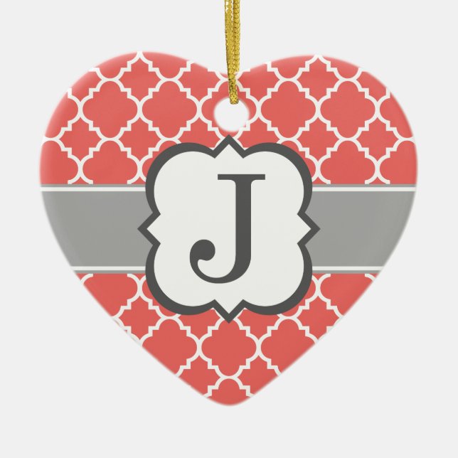 Coral White Monogram Letter J Quatrefoil Ceramic Tree Decoration (Front)