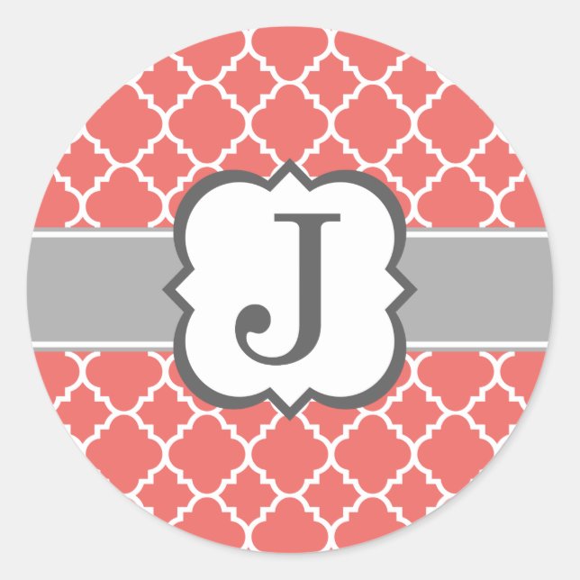 Coral White Monogram Letter J Quatrefoil Classic Round Sticker (Front)