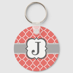 Coral White Monogram Letter J Quatrefoil Key Ring