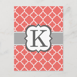 Coral White Monogram Letter K Quatrefoil Postcard