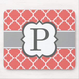 Coral White Monogram Letter P Quatrefoil Mouse Mat
