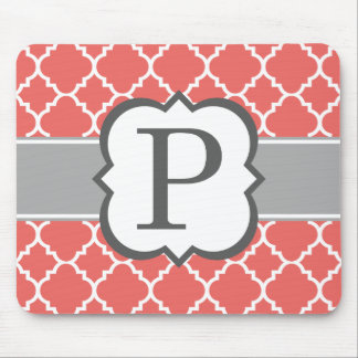 Coral White Monogram Letter P Quatrefoil Mouse Mat