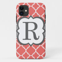 Coral White Monogram Letter R Quatrefoil
