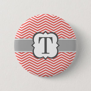 Coral White Monogram Letter T Chevron 6 Cm Round Badge