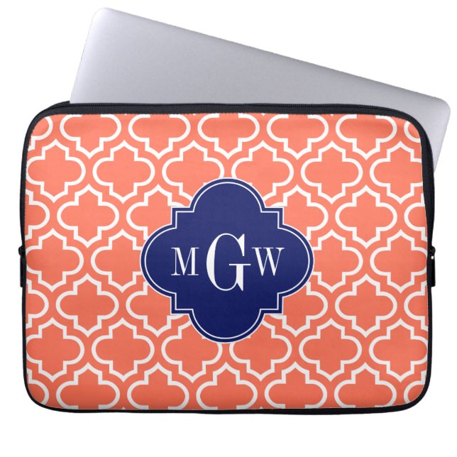 Coral White Moroccan #6 Navy 3 Initial Monogram Laptop Sleeve (Front)