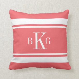 Coral White Nautical Stripes Custom Monogram Cushion