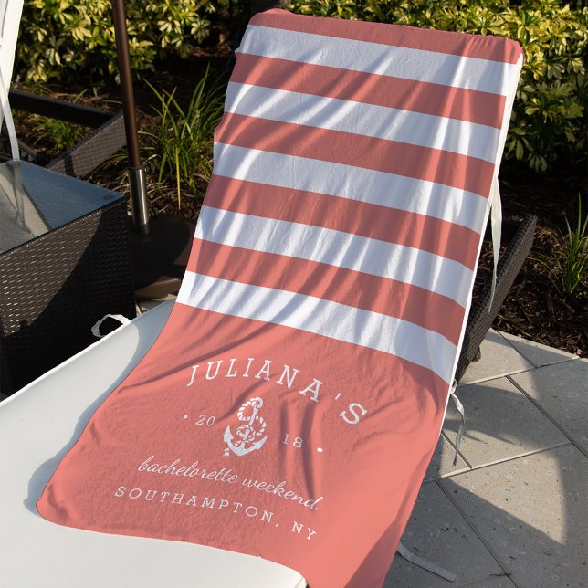 Coral & White Personalized Bachelorette Weekend Beach Towel (Creator Uploaded)