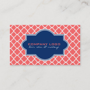 Coral & White Quatrefoil Geometric Pattern Business Card