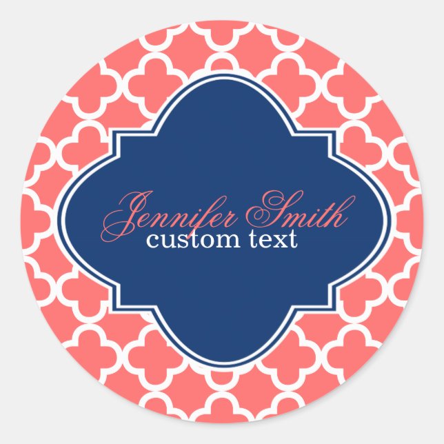 Coral & White Quatrefoil Geometric Pattern Classic Round Sticker (Front)