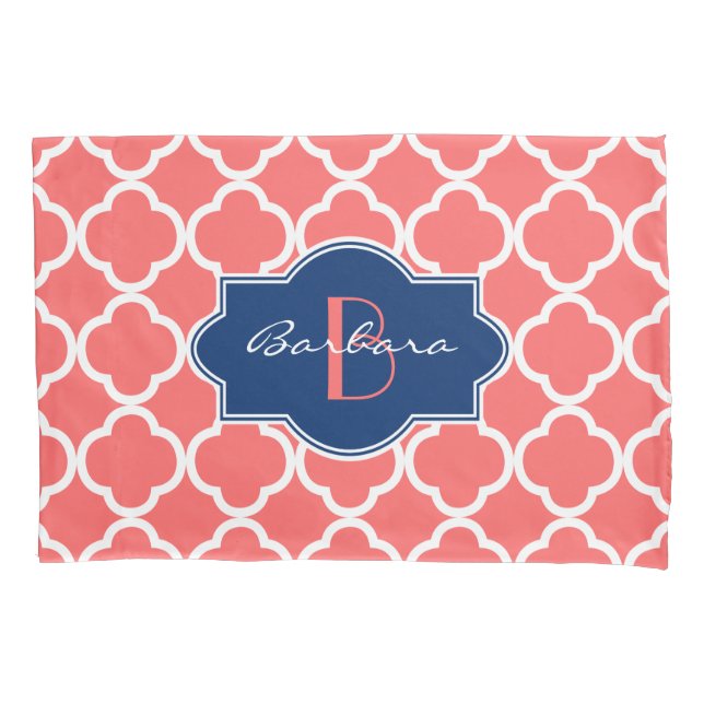Coral & White Quatrefoil Geometric Pattern Pillowcase (Front)