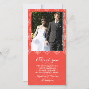 Coral + white snowflakes wedding thank you photo card