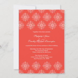 Coral + white snowflakes winter wedding invitation