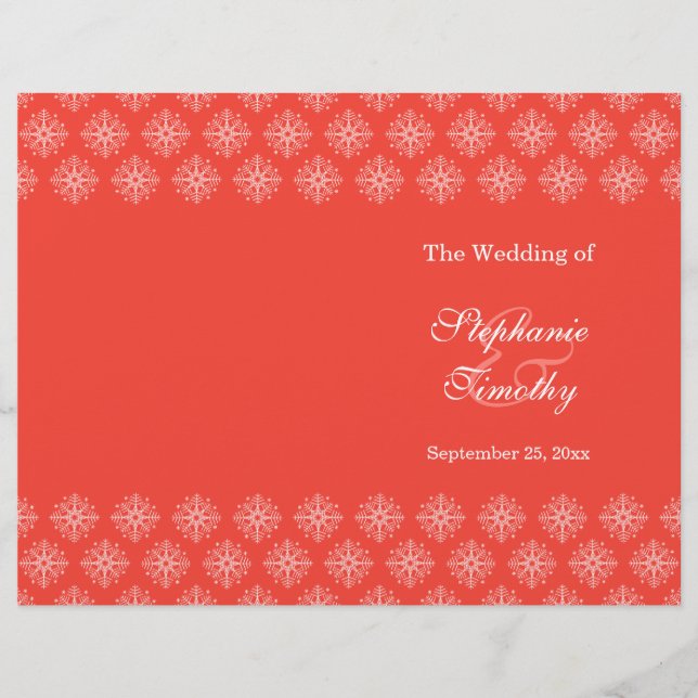 Coral + white snowflakes winter wedding program (Front)
