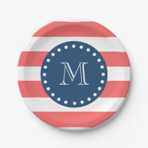 Coral White Stripes Pattern, Navy Blue Monogram Paper Plate