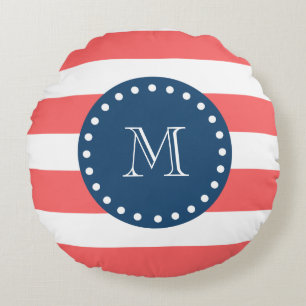 Coral White Stripes Pattern, Navy Blue Monogram Round Cushion
