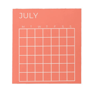 Coral White Undated July Calendar for Planner Notepad