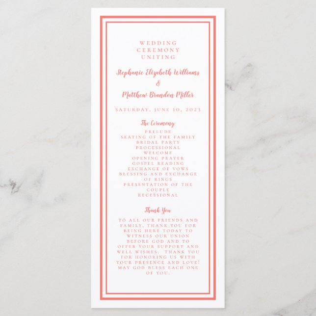 Coral & White Wedding Service Ceremony Minimalist  Programme (Front)
