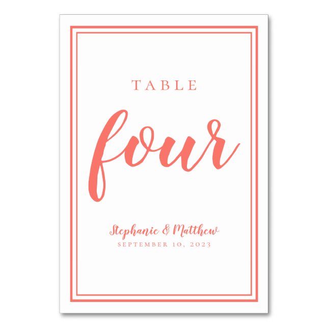 Coral & White Wedding Simple Table Number Four (Front)