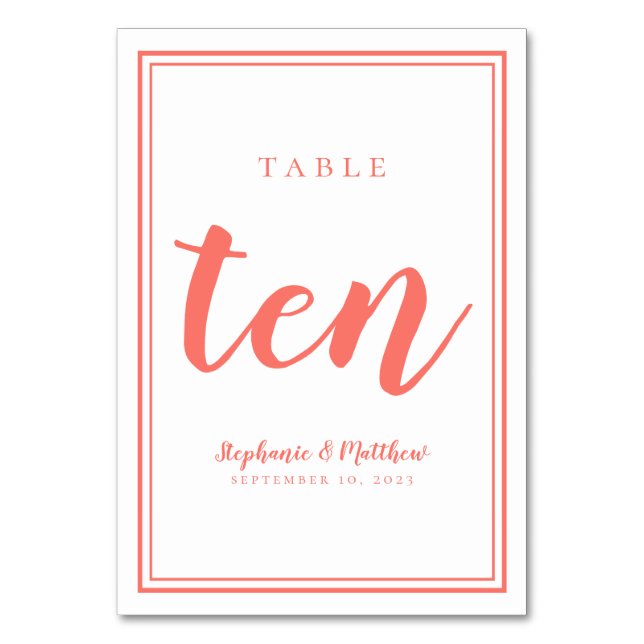 Coral & White Wedding Simple Table Number Ten (Front)