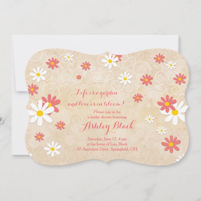 Coral White Yellow Daisy Bridal Shower Invitation (Front)