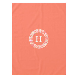 Coral Wht Greek Key Rnd Frame Initial Monogram Tablecloth