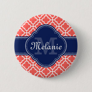 Coral Wht Moroccan Pattern Navy Monogram 6 Cm Round Badge