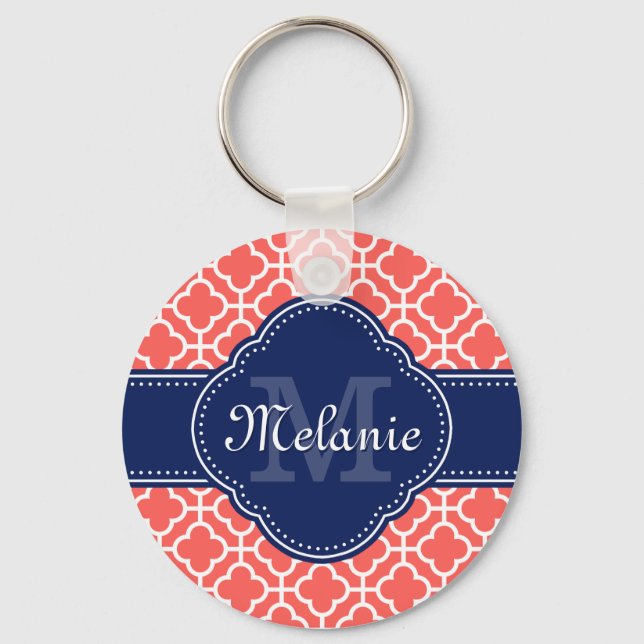 Coral Wht Moroccan Pattern Navy Monogram Key Ring (Front)