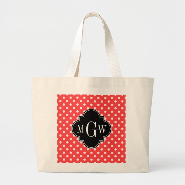 Coral Wht Polka Dots Black Quatrefoil 3 Monogram Large Tote Bag (Front)