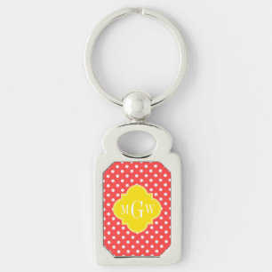 Coral Wht Polka Dots Yellow Quatrefoil 3 Monogram Key Ring
