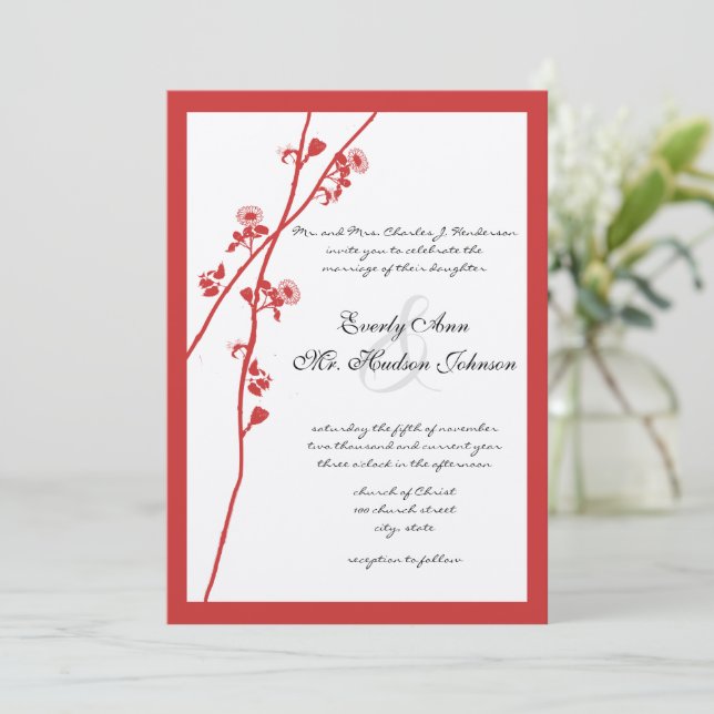 Coral Wild Flower Branch Wedding Invitation (Standing Front)