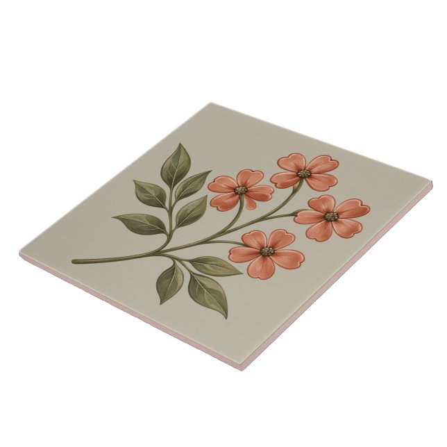 Coral Wildflower Botanical Ceramic Tile (Side)