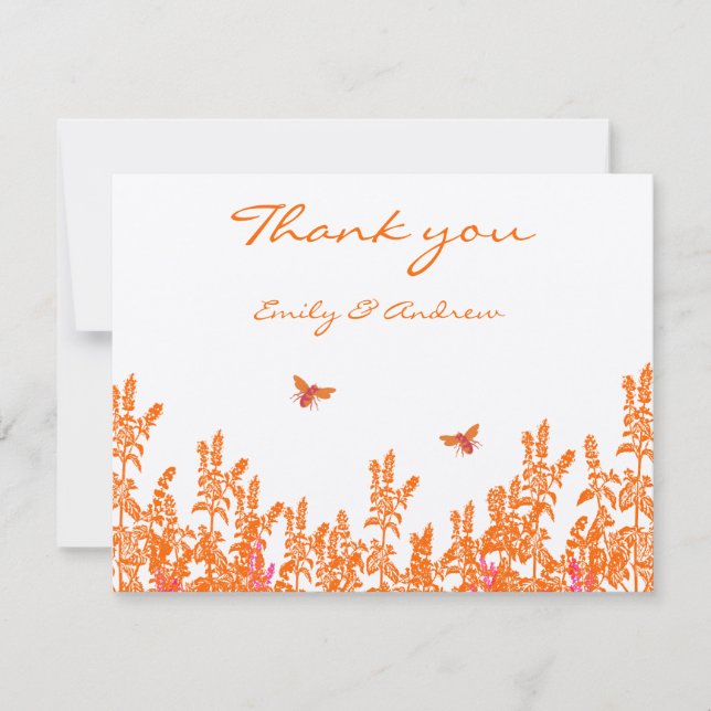 Coral Wildflower Romantic Bumble Bee Wedding RSVP Thank You Card (Front)