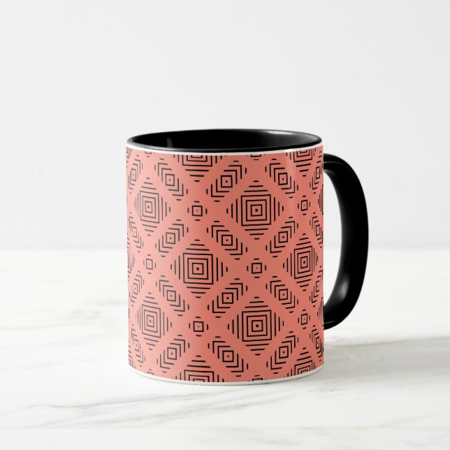 Coral with black geometric pattern mug (Front Right)