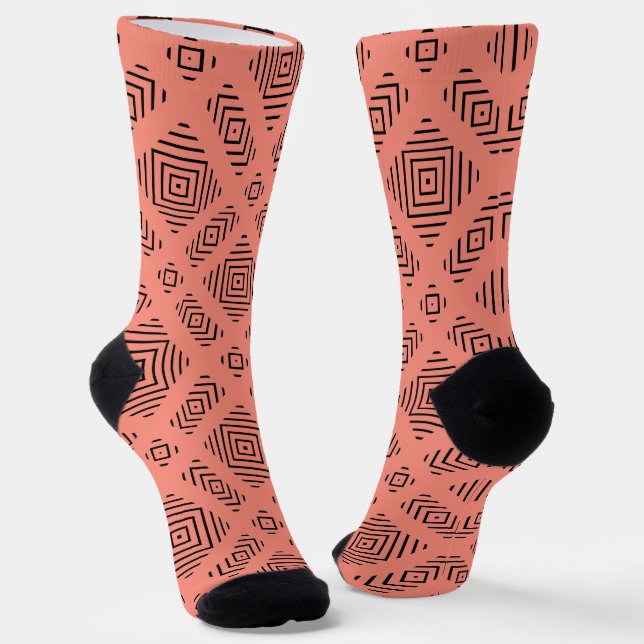 Coral with black geometric pattern socks (Angled)