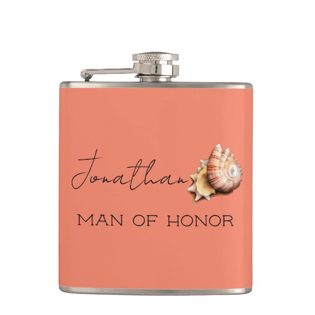 Coral with Shell Personalised Man of Honour  Flask (Front)