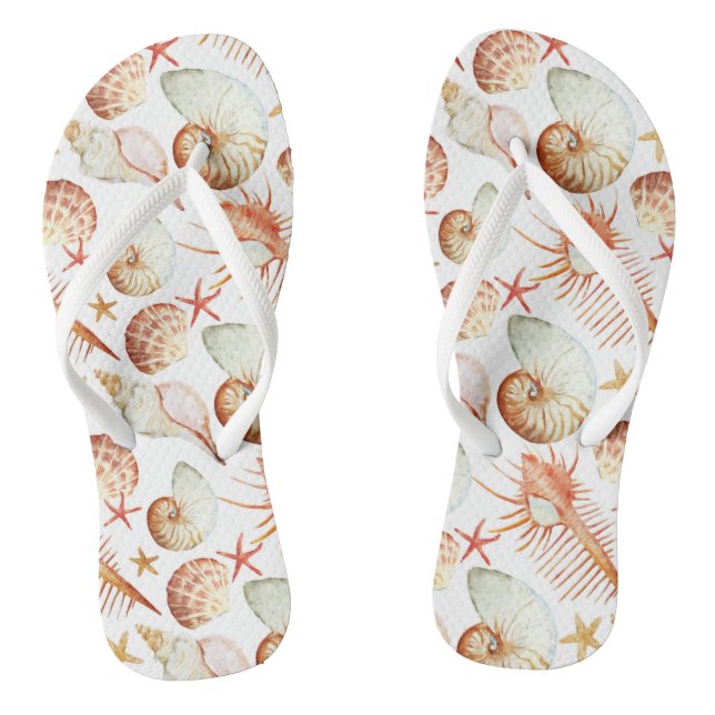 Coral With Shells And Crabs Pattern Flip Flops (Footbed)