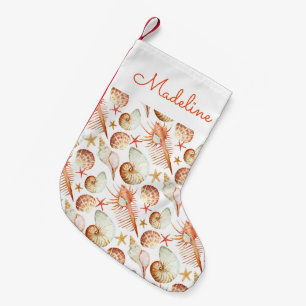 Coral With Shells & Crabs Pattern   Add Your Name Small Christmas Stocking