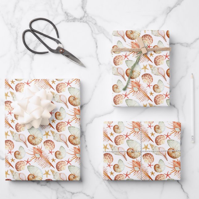 Coral With Shells & Crabs Pattern Wrapping Paper Sheet (Front)
