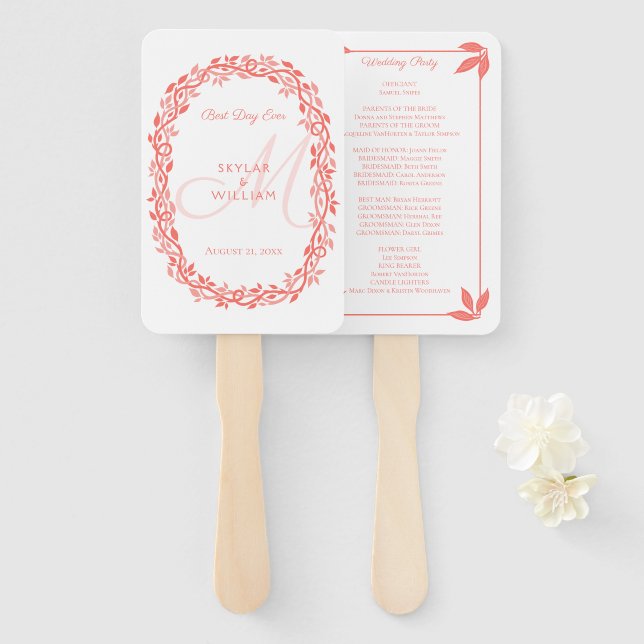 Coral Woodsy Wedding Monogram Best Day Ever Hand Fan (Front and Back)