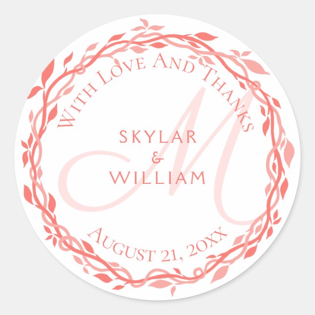 Coral Woodsy Wedding Monogram Love And Thanks Classic Round Sticker (Front)