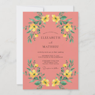 Coral Yellow Blossom Botanical Wedding Invitation