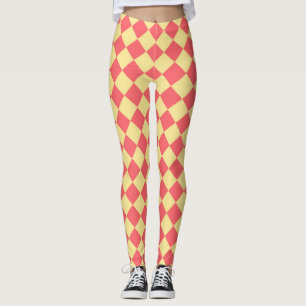 Coral Yellow Chequered Diamond Pattern Leggings