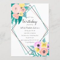 Coral Yellow Floral Watercolor Geo Frame Birthday
